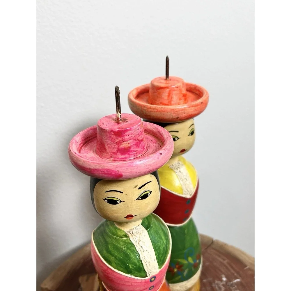 VTG Hand Painted Multicolor‎ Wooden Mexican Folk Art Dolls Candle Holders Set 2